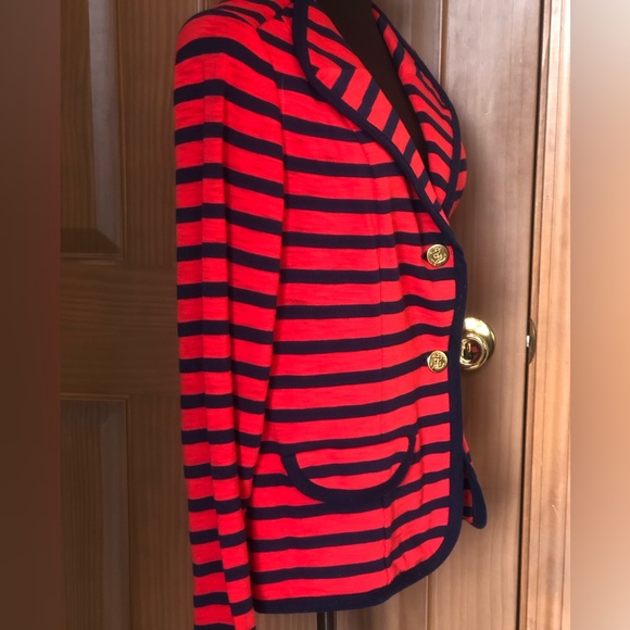 NWOT CAbi sM casual jacket Super fun cotton knit in navy/red w/gold buttons - Picture 3 of 6